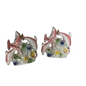 Vintage Set of 2 Iridescent Dolphins At Play Pink Floral Beachy Glass Figurines